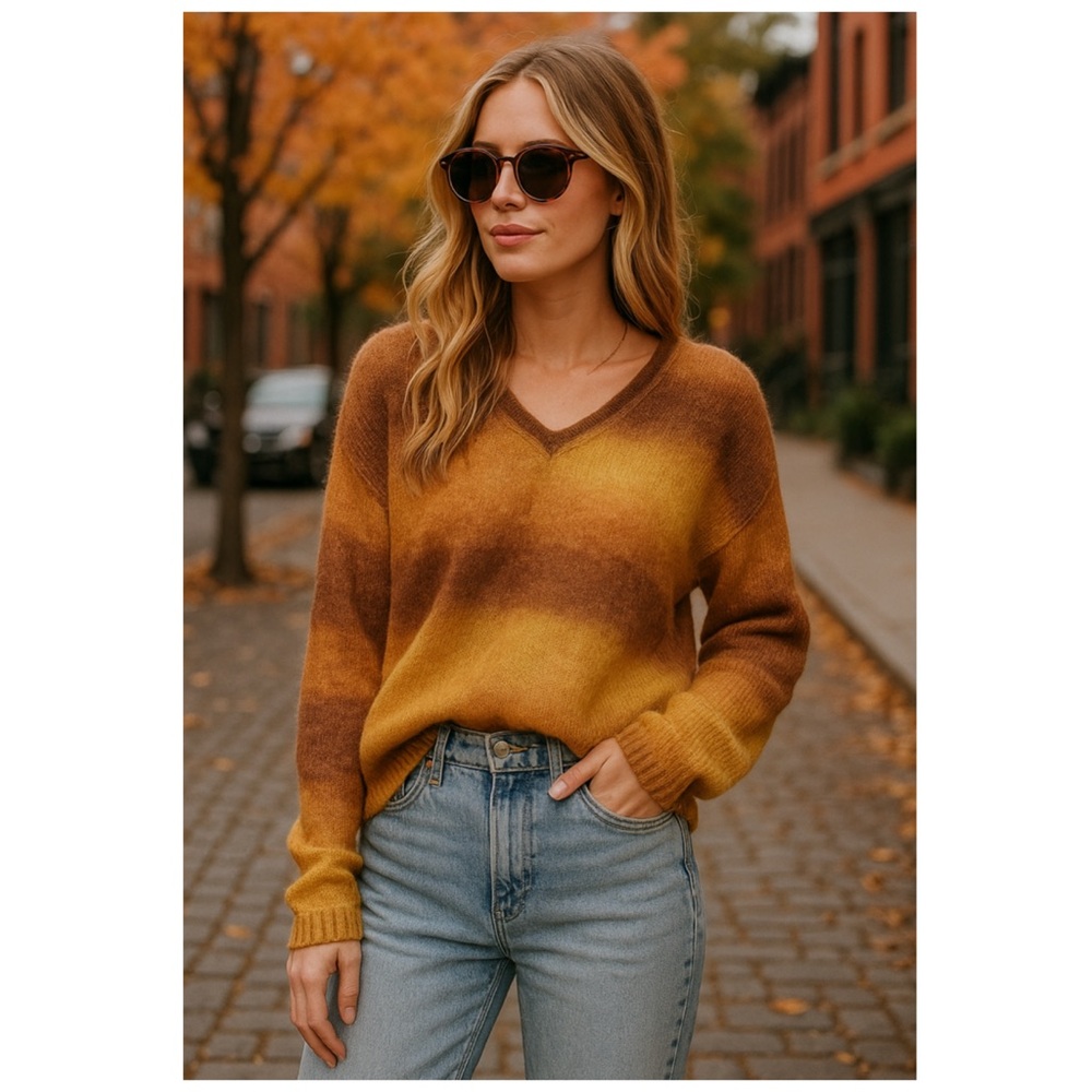 ASTR x Revolve Brown Tan Ombre Wool Blend V Neck Pullover Sweater S